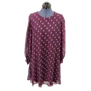 Calvin Klein gold foil print burgundy long sleeve shift dress size 14